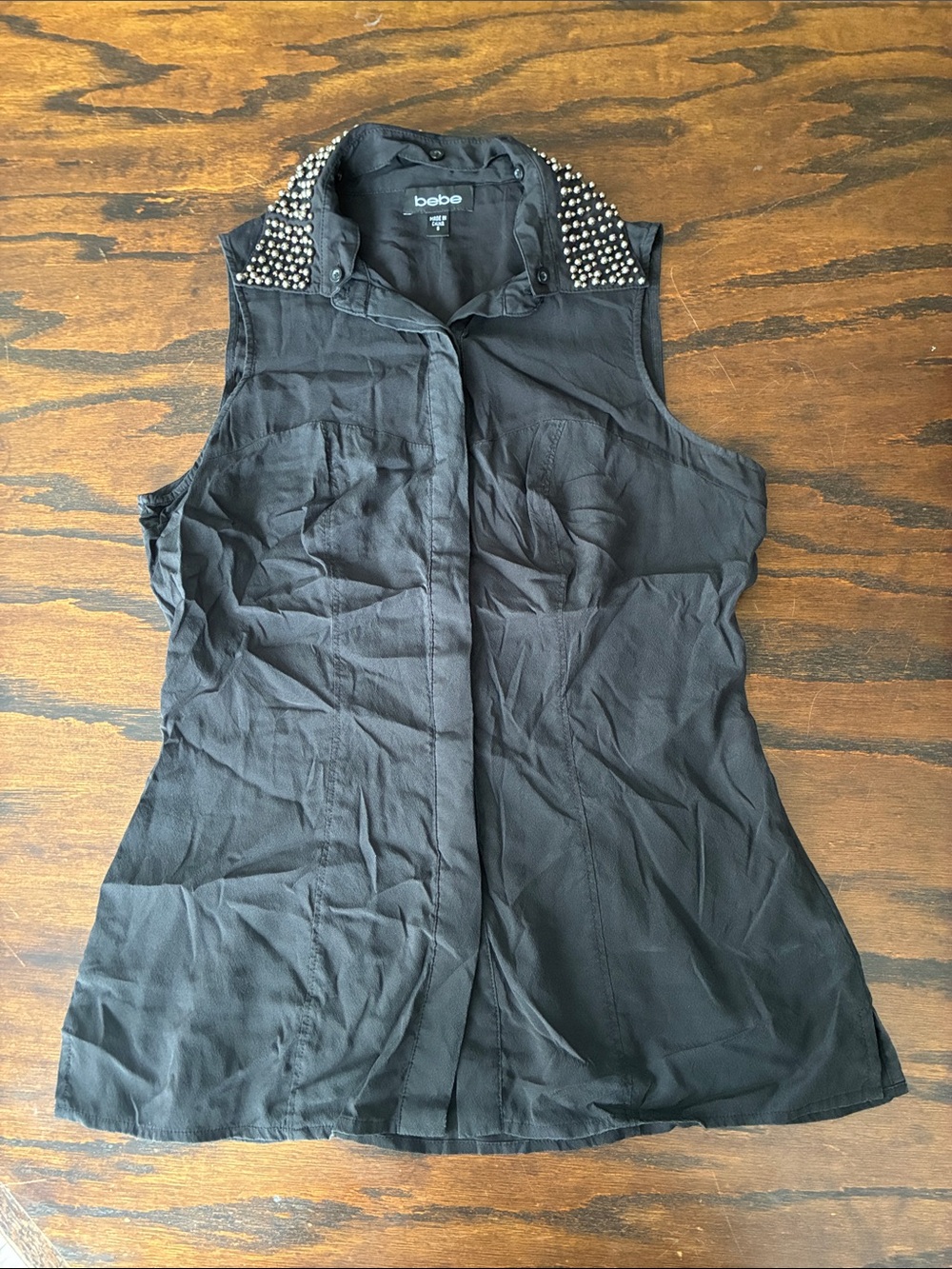 bebe Black Sleeveless Button-Down Top with Studded Collar